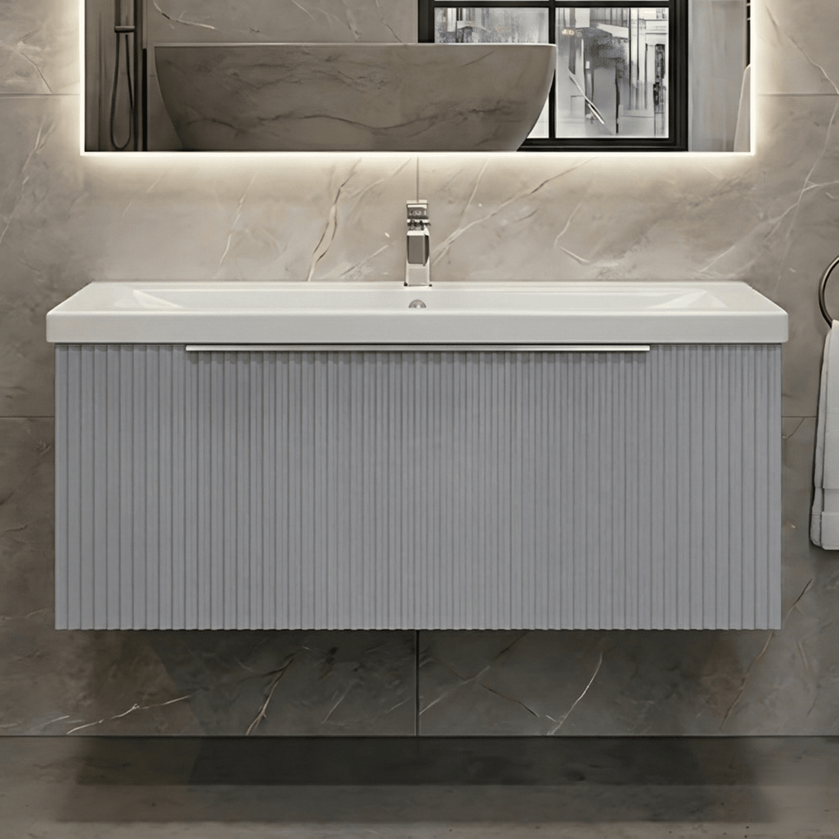 [BFFF296A] Tixall Fluted Front Wall Hung Vanity Basin Unit with Choice of Size, Colour and Handle Options - Silo