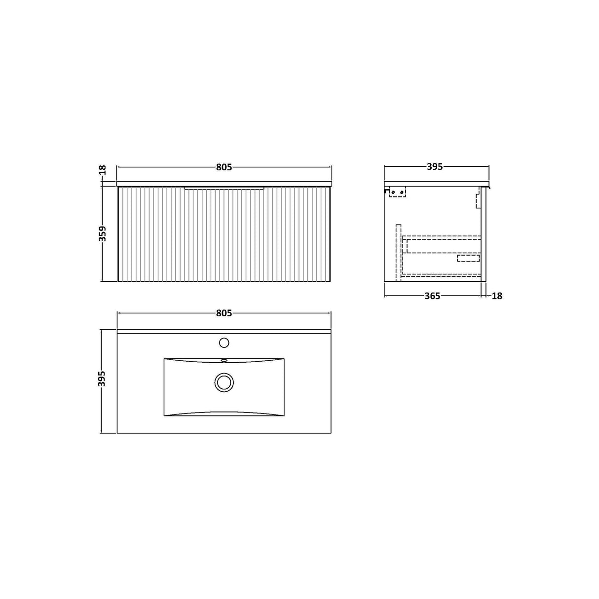 [BFFF296B] Tixall 1 Drawer Wall Hung Vanity Basin Unit with 1 Tap Hole Minimalist Ceramic Basin, Choice of Size and Colour - Technical Drawing