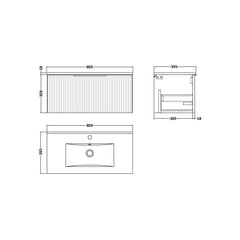 [BFFF296B] Tixall 1 Drawer Wall Hung Vanity Basin Unit with 1 Tap Hole Minimalist Ceramic Basin, Choice of Size and Colour - Technical Drawing