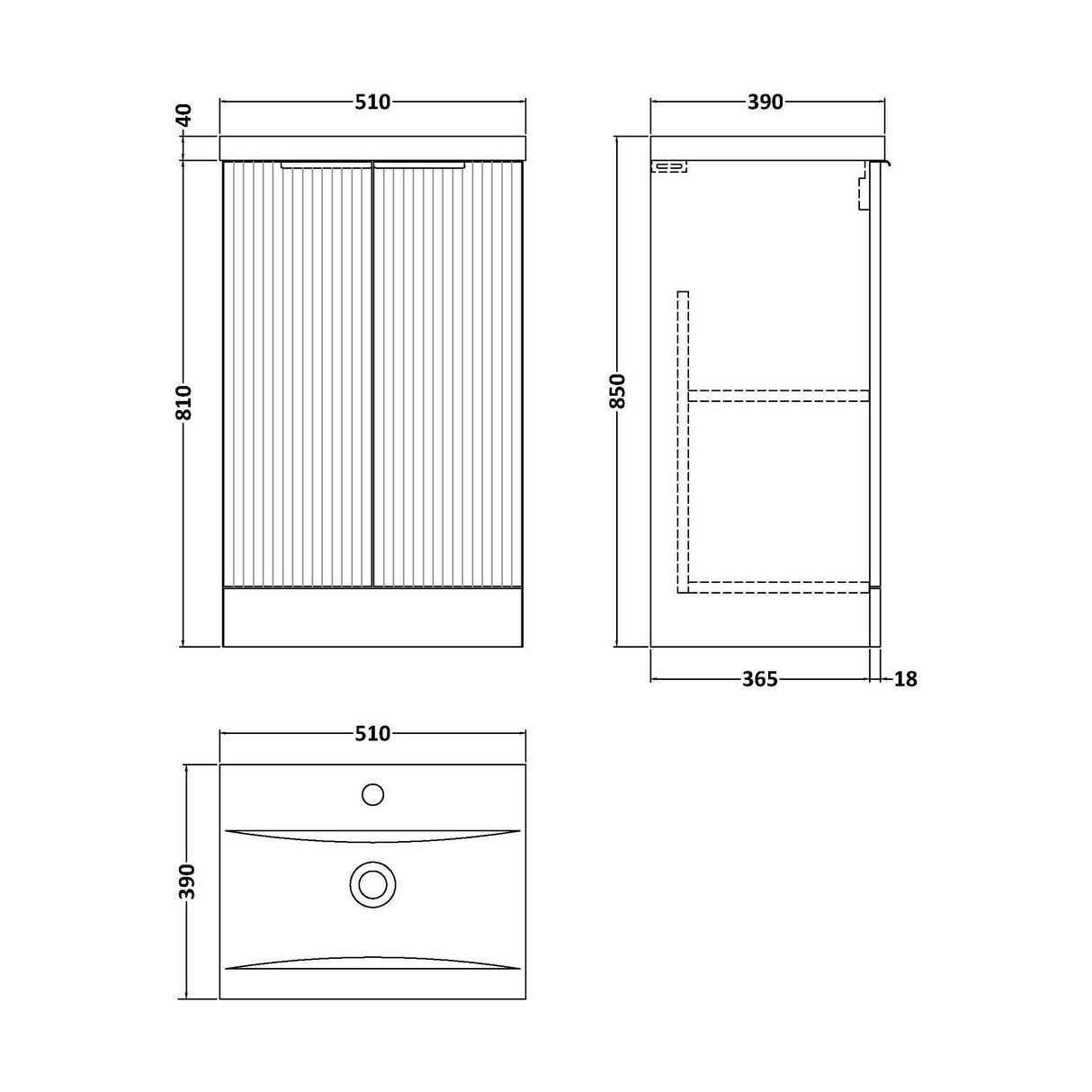 [BFFF323A] Tixall Fluted Front Floor Standing Vanity Basin Unit with Choice of Size, Colour and Handle Options - Technical Drawing