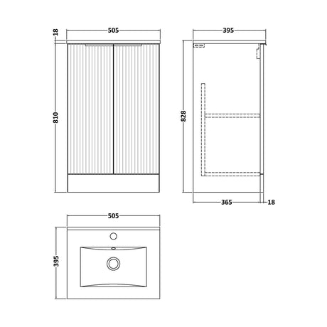 [BFFF323B] Tixall Fluted 2 Door Floor Standing Vanity Unit with Minimalist Basin, Satin Blue, 500mm - Technical Drawing