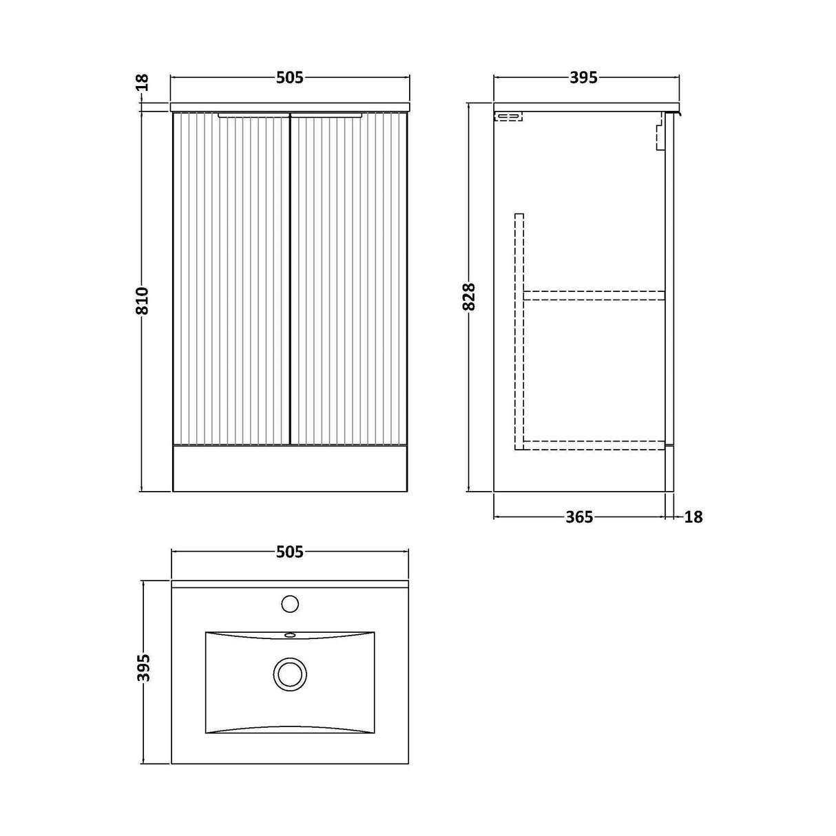 [BFFF323B] Tixall Floor Standing Vanity Basin Unit with 1 Tap Hole Minimalist Ceramic Basin, Choice of Size and Colour - Technical Drawing
