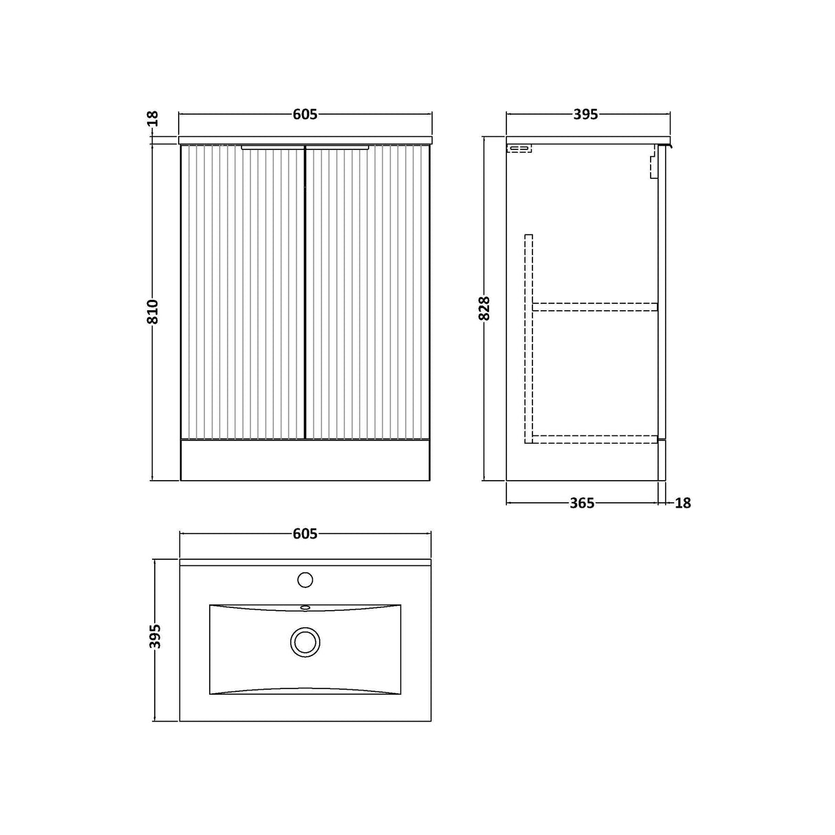 [BFFF325B] Tixall Floor Standing Vanity Basin Unit with 1 Tap Hole Minimalist Ceramic Basin, Choice of Size and Colour - Technical Drawing