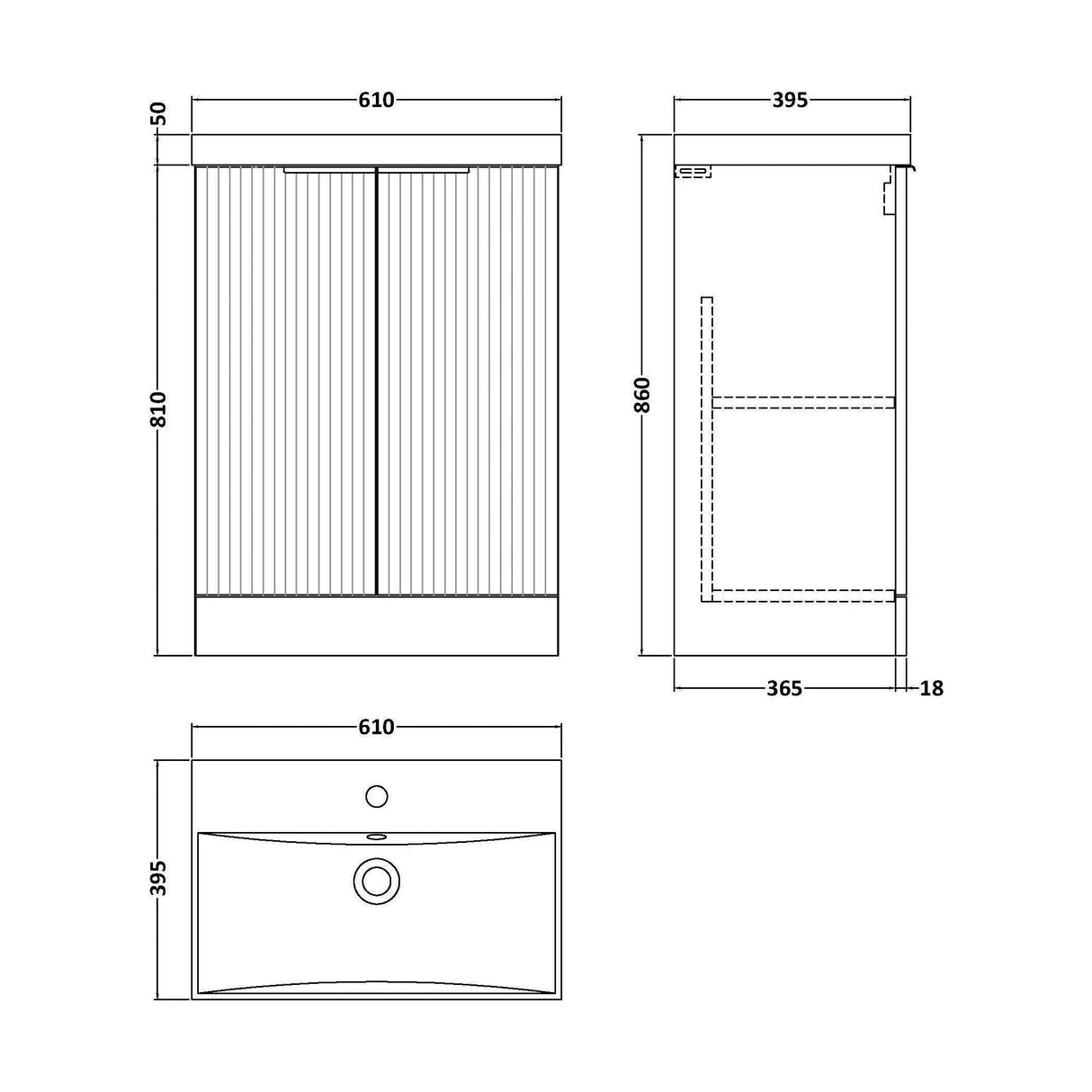 [BFFF325D] Tixall Floor Standing Vanity Basin Unit with 1 Tap Hole Thin-Edge Ceramic Basin, Choice of Size and Colour - Technical Drawing