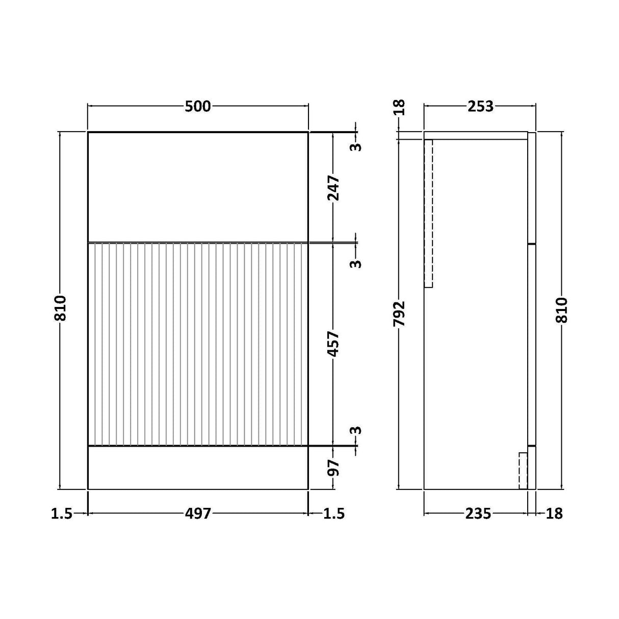 [BFFF341] Balterley Tixall Fluted Front Floor Standing WC Unit, 500mm, Choice of Colour - Technical Drawing