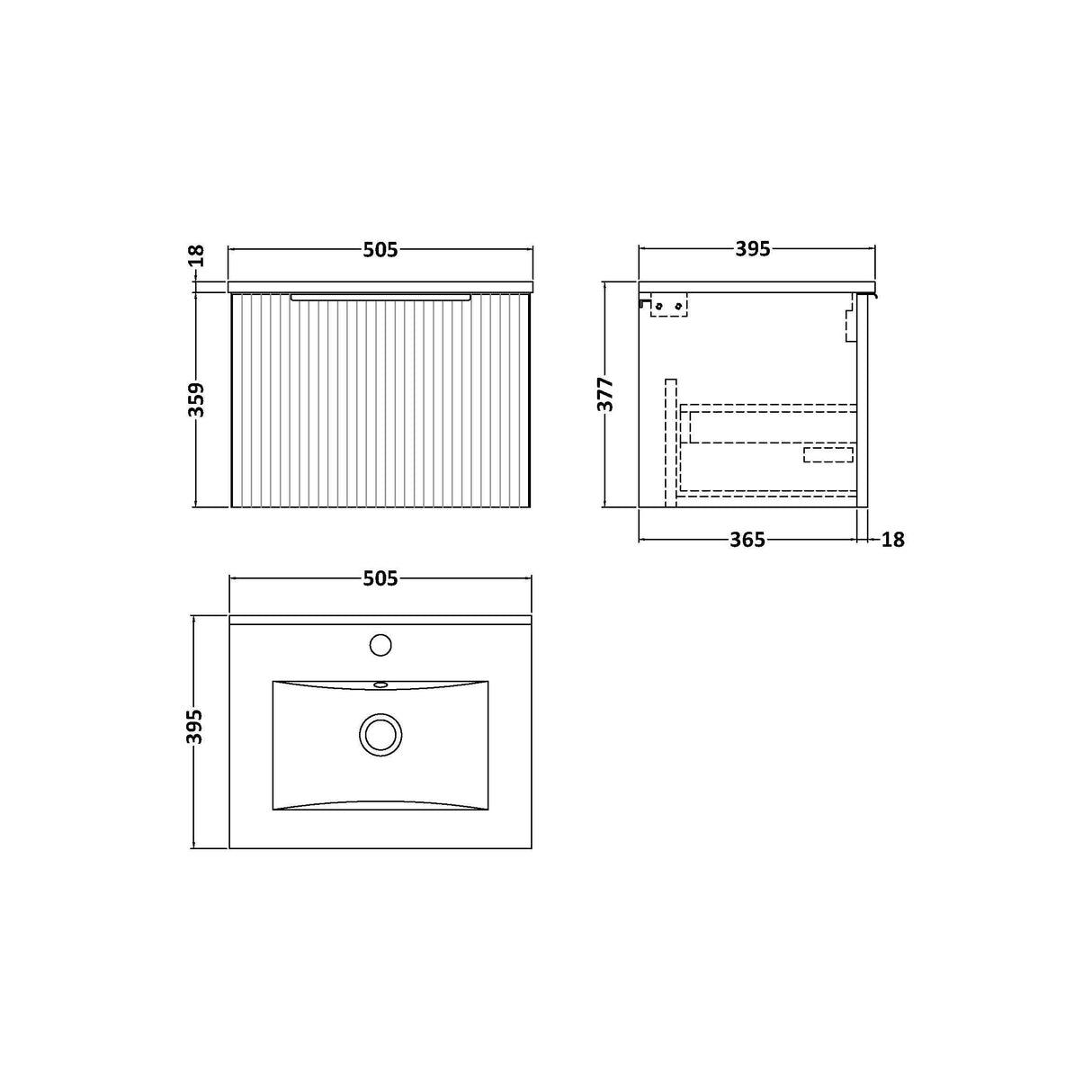 [BFFF391B] Tixall 1 Drawer Wall Hung Vanity Basin Unit with 1 Tap Hole Minimalist Ceramic Basin, Choice of Size and Colour - Technical Drawing