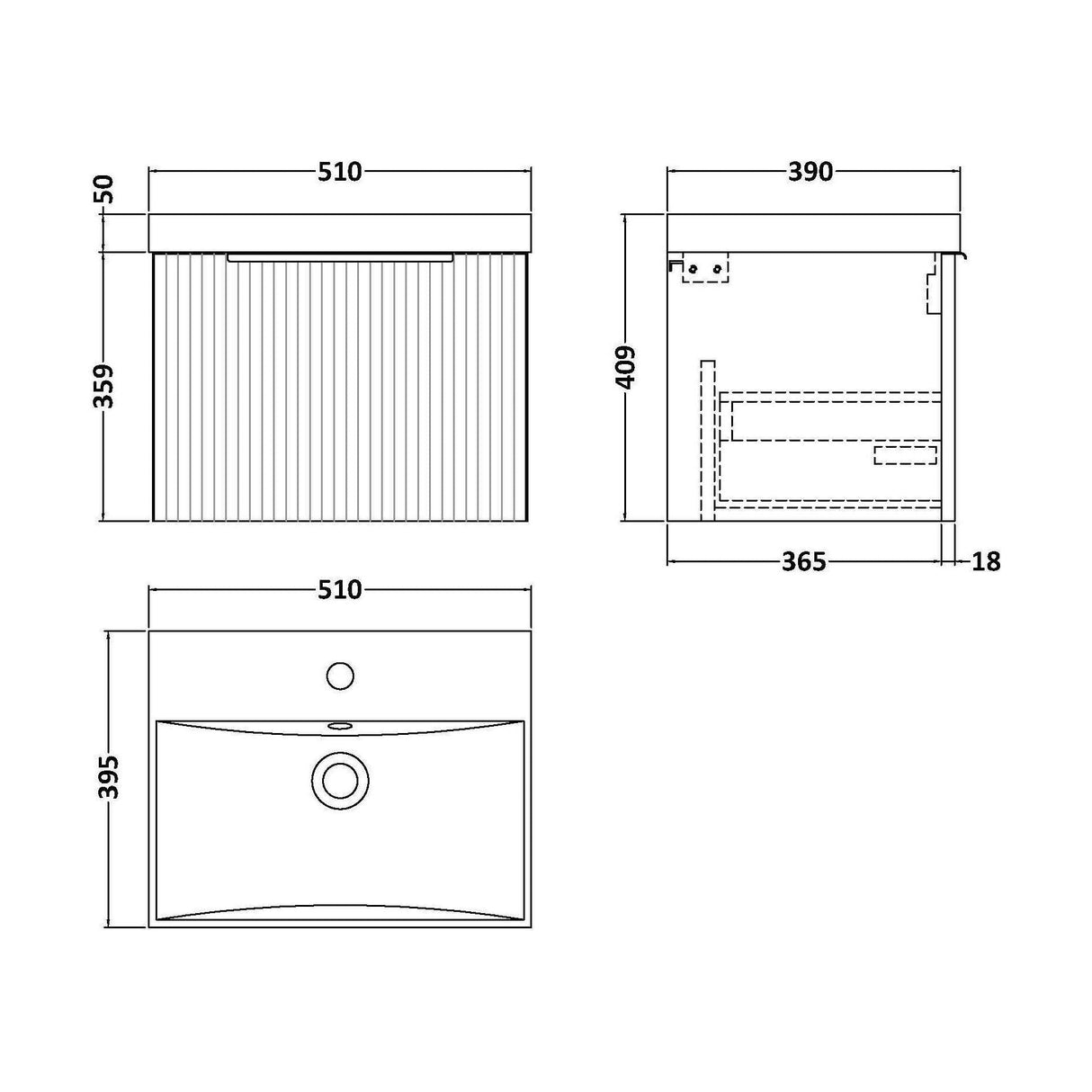 [BFFF391D] Tixall 1 Drawer Wall Hung Vanity Basin Unit with 1 Tap Hole Thin-Edge Ceramic Basin, Choice of Size and Colour - Technical Drawing