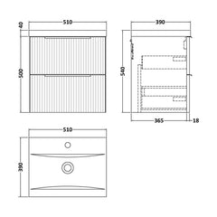 [BFFF392A] Tixall Fluted Front Wall Hung Vanity Basin Unit with Choice of Size, Colour and Handle Options - Technical Drawing