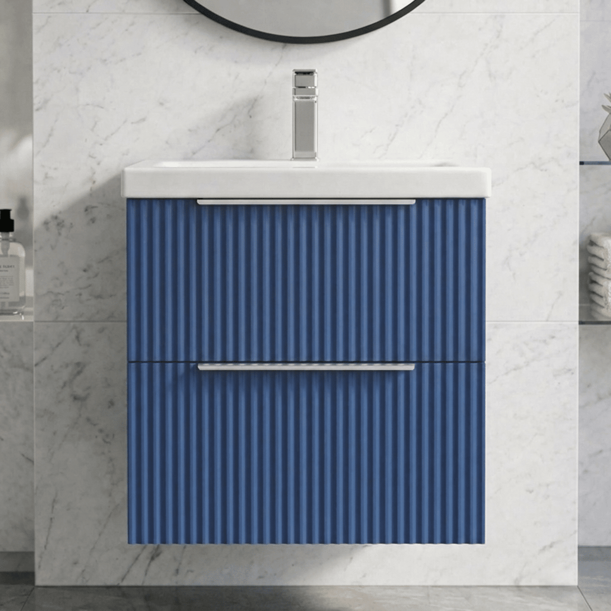 [BFFF392A] Tixall Fluted Front Wall Hung Vanity Basin Unit with Choice of Size, Colour and Handle Options - Silo