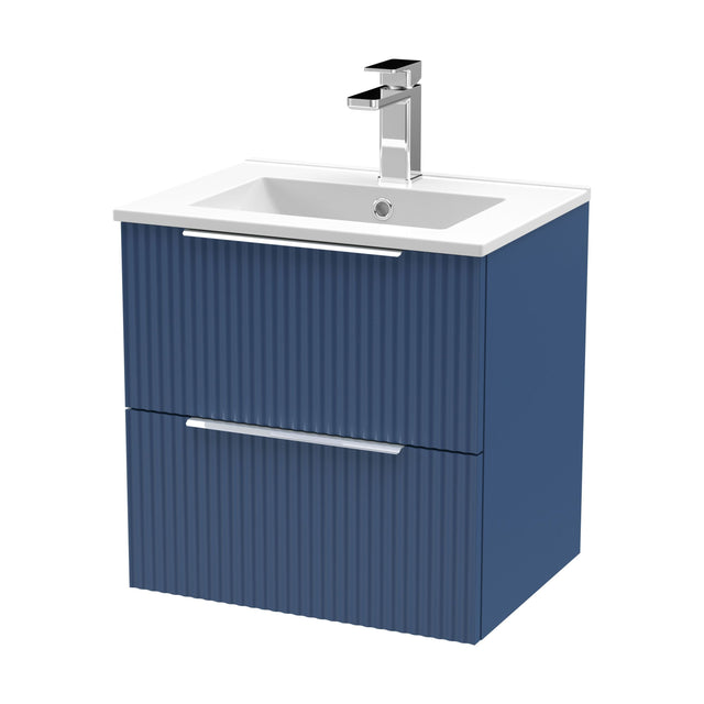 [BFFF392B] Tixall Fluted 2 Drawer Wall Hung Vanity Unit with Minimalist Basin, Satin Blue, 500mm - Cutout