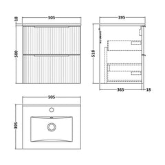 [BFFF392B] Tixall Fluted 2 Drawer Wall Hung Vanity Unit with Minimalist Basin - Choice of Size and Colour - Technical Drawing