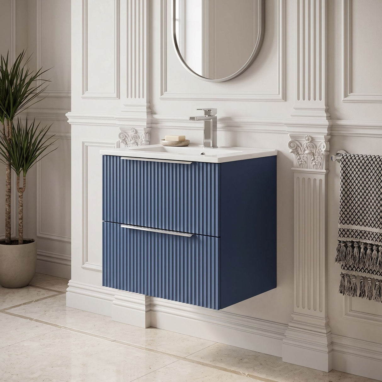 [BFFF392B] Tixall Fluted 2 Drawer Wall Hung Vanity Unit with Minimalist Basin - Choice of Size and Colour