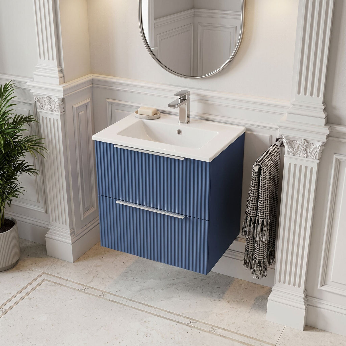 [BFFF392B] Tixall Fluted 2 Drawer Wall Hung Vanity Unit with Minimalist Basin - Choice of Size and Colour