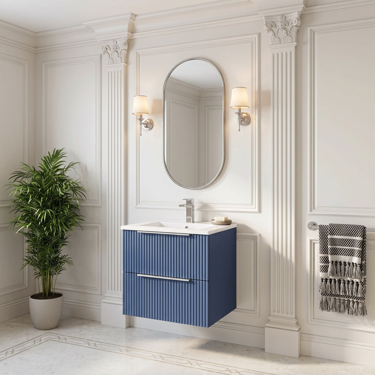 [BFFF392B] Tixall Fluted 2 Drawer Wall Hung Vanity Unit with Minimalist Basin - Choice of Size and Colour