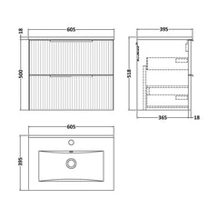 [BFFF393B] Tixall Fluted 2 Drawer Wall Hung Vanity Unit with Minimalist Basin - Choice of Size and Colour - Technical Drawing