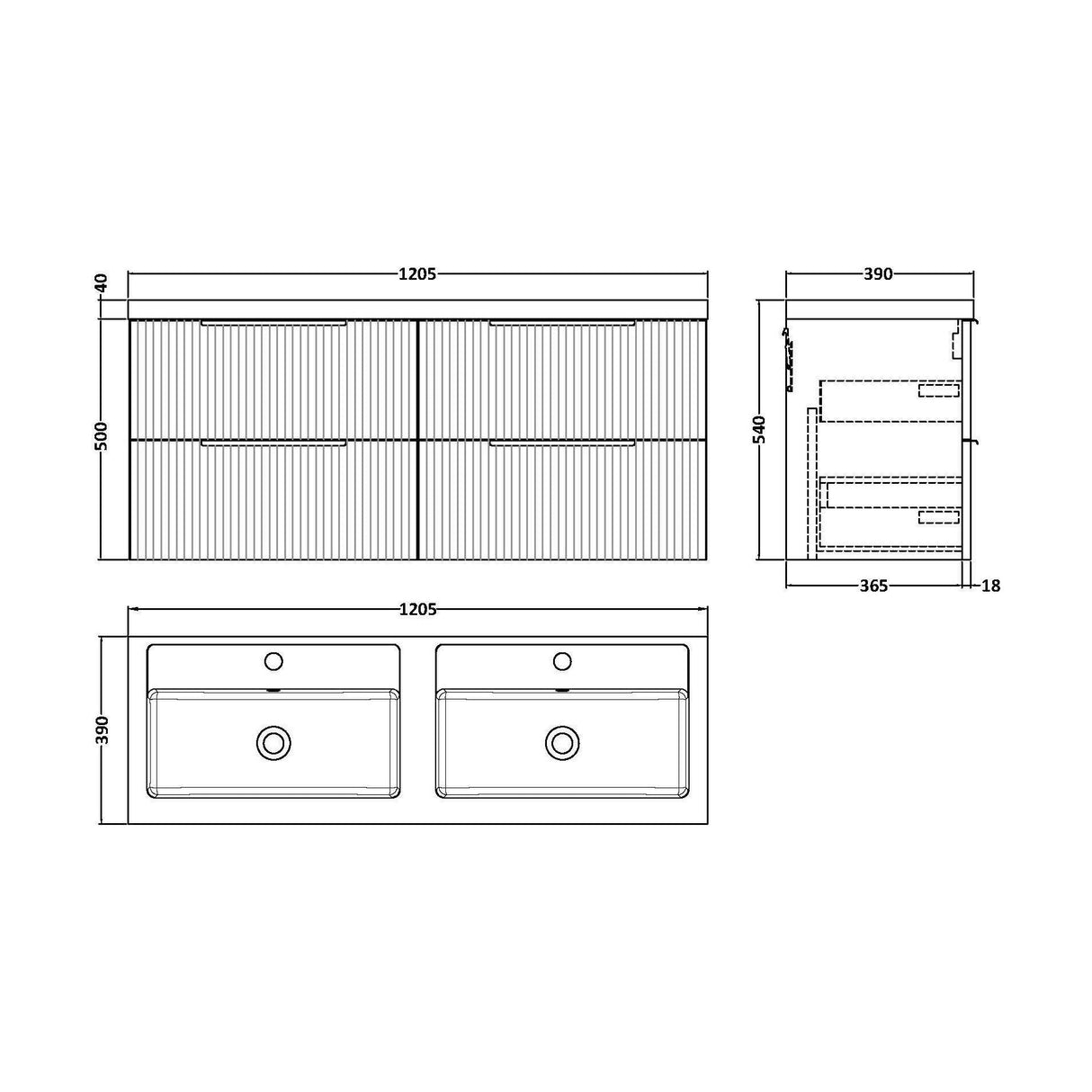 [BFFF393C] Tixall Fluted Front Wall Hung Vanity Basin Unit with Choice of Size, Colour and Handle Options - Technical Drawing