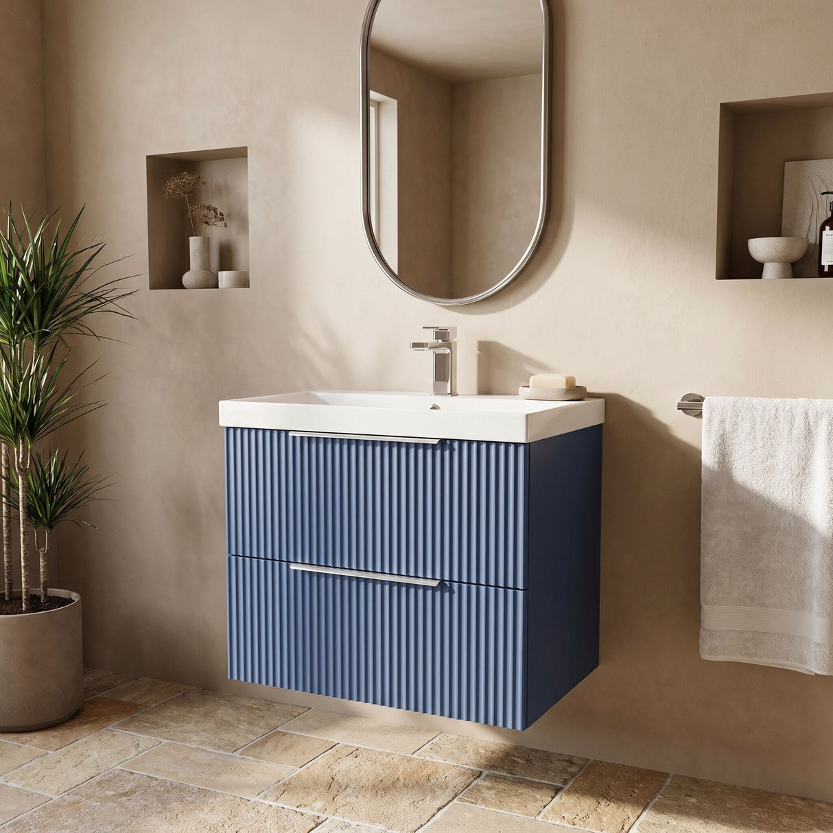 [BFFF393D] Tixall Fluted 2 Drawer Wall Hung Vanity Unit with Thin Edge Basin - Choice of Size and Colour