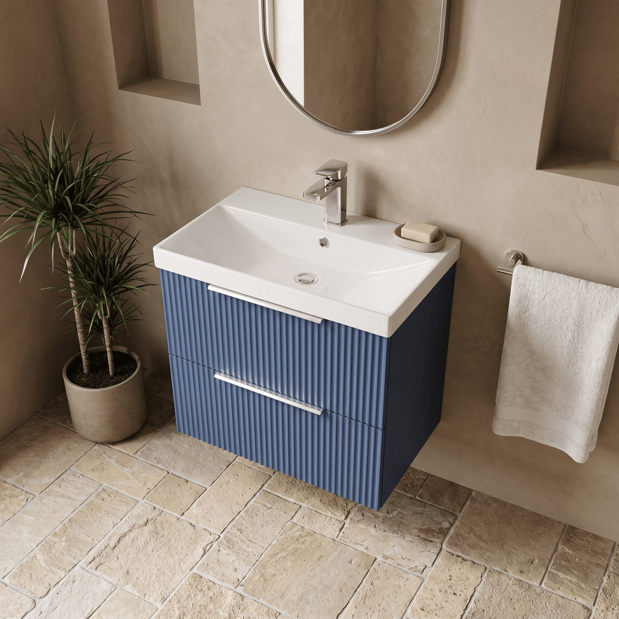 [BFFF393D] Tixall Fluted 2 Drawer Wall Hung Vanity Unit with Thin Edge Basin - Choice of Size and Colour