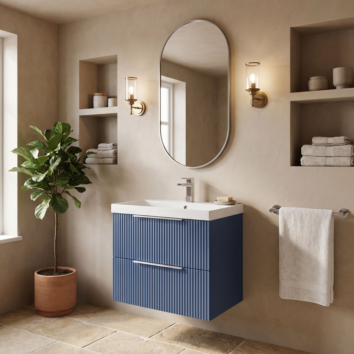 [BFFF393D] Tixall Fluted 2 Drawer Wall Hung Vanity Unit with Thin Edge Basin - Choice of Size and Colour