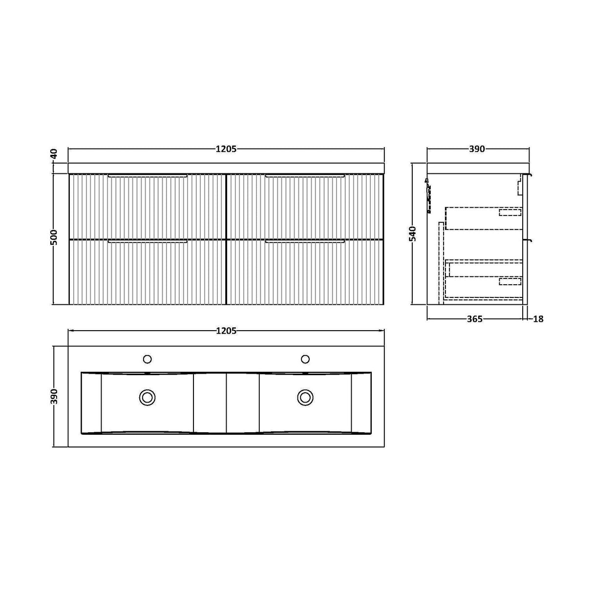 [BFFF393F] Tixall Fluted 4 Drawer Wall Hung Vanity Unit with Double Basin - Choice of Colour - Technical Drawing