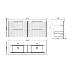 [BFFF393F] Tixall Fluted 4 Drawer Wall Hung Vanity Unit with Double Basin - Choice of Colour - Technical Drawing