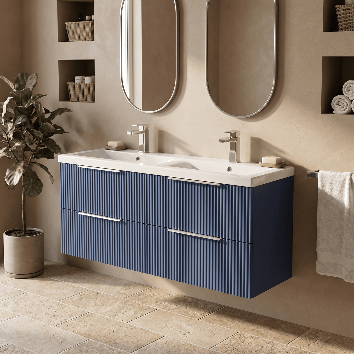 [BFFF393F] Tixall Fluted 4 Drawer Wall Hung Vanity Unit with Double Basin - Choice of Colour