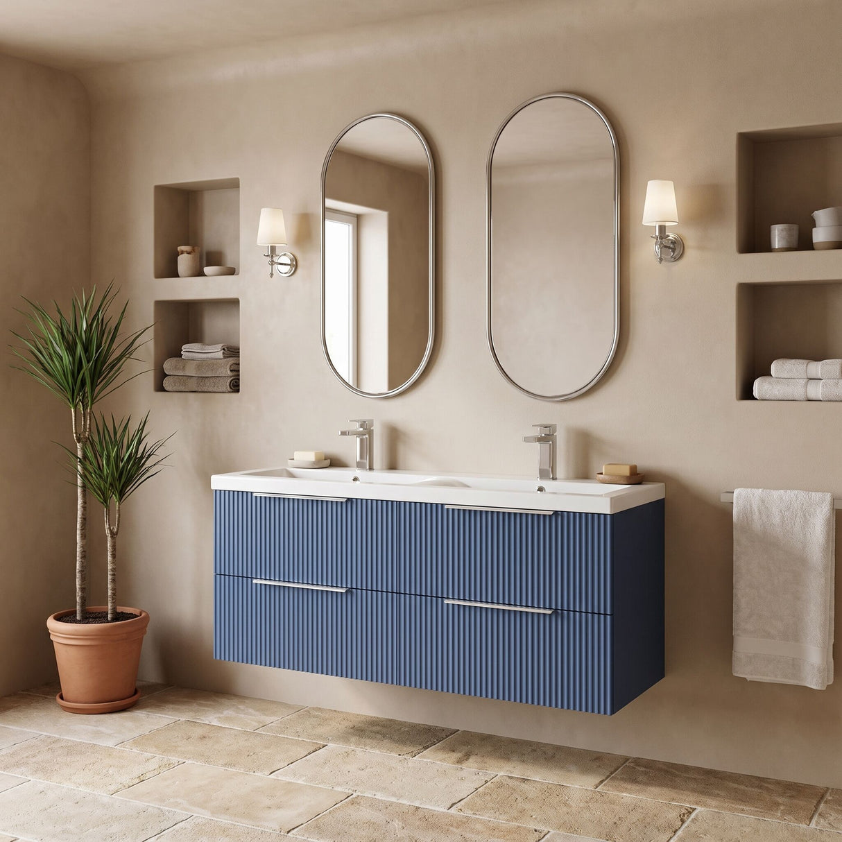 [BFFF393F] Tixall Fluted 4 Drawer Wall Hung Vanity Unit with Double Basin - Choice of Colour