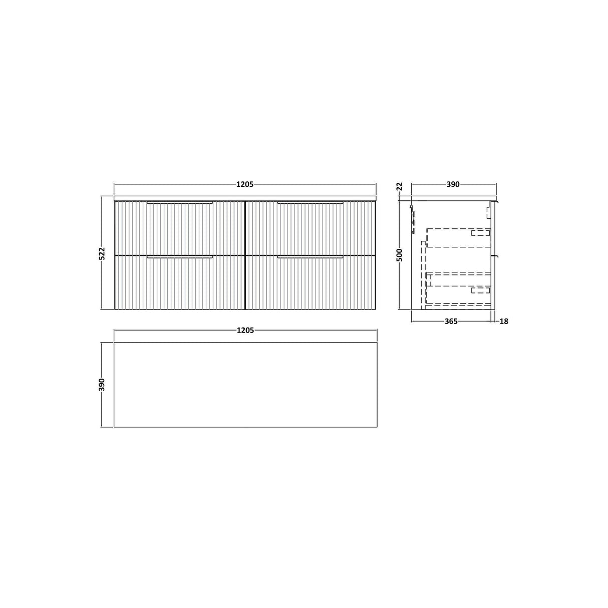 [BFFF393LBG2] Tixall Fluted 4 Drawer Wall Hung Vanity Unit with Bellato Grey Laminate Worktop - Choice of Colour - Technical Drawing