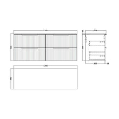 [BFFF393LCM2] Tixall Fluted 4 Drawer Wall Hung Vanity Unit with Carrera Marble Laminate Worktop - Choice of Colour - Technical Drawing