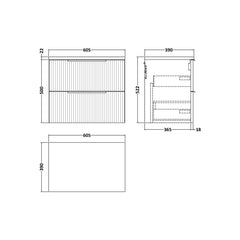 [BFFF393LCM] Tixall Fluted 2 Drawer Wall Hung Vanity Unit with Carrera Marble Laminate Worktop - Choice of Size and Colour - Technical Drawing
