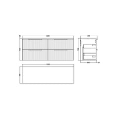 [BFFF393W2] Tixall Fluted 4 Drawer Wall Hung Vanity Unit with Worktop - Choice of Colour - Technical Drawing
