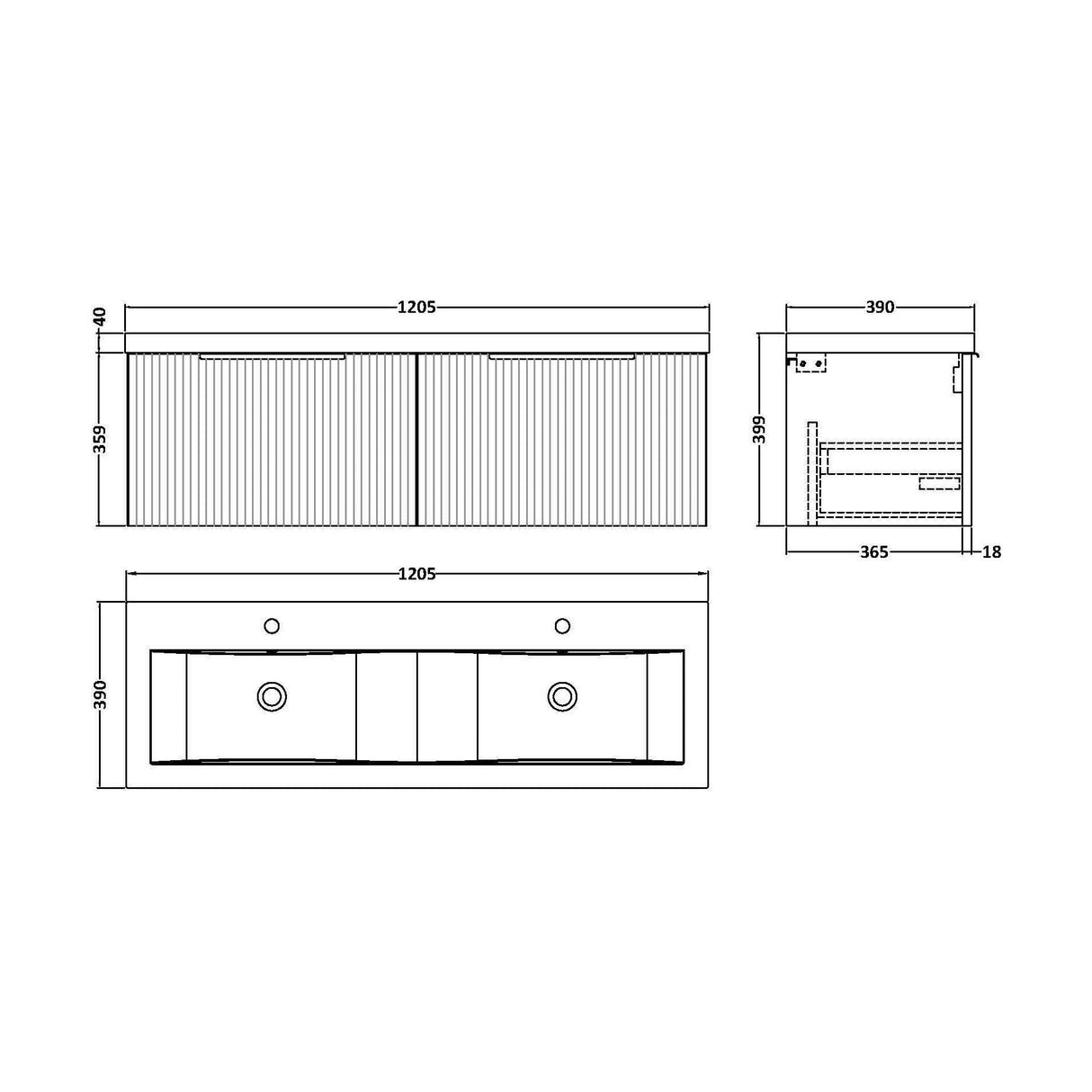 [BFFF394F] Tixall Fluted 2 Drawer Wall Hung Vanity Unit with Double Basin - Choice of Colour - Technical Drawing