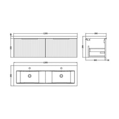 [BFFF394F] Tixall Fluted 2 Drawer Wall Hung Vanity Unit with Double Basin - Choice of Colour - Technical Drawing