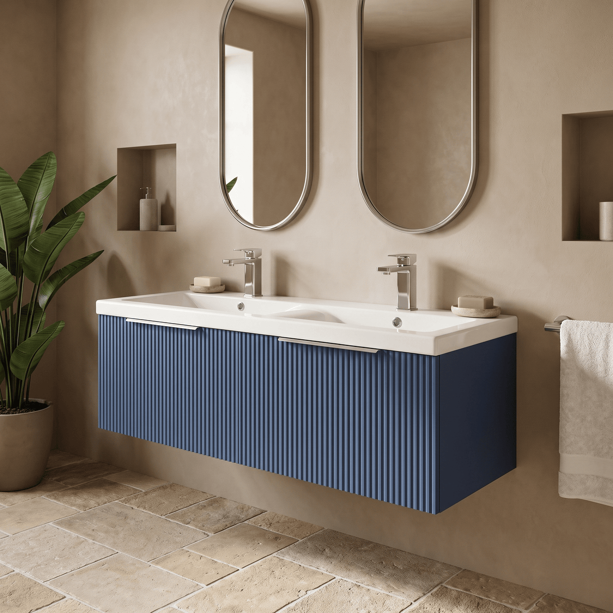 [BFFF394F] Tixall Fluted 2 Drawer Wall Hung Vanity Unit with Double Basin - Choice of Colour