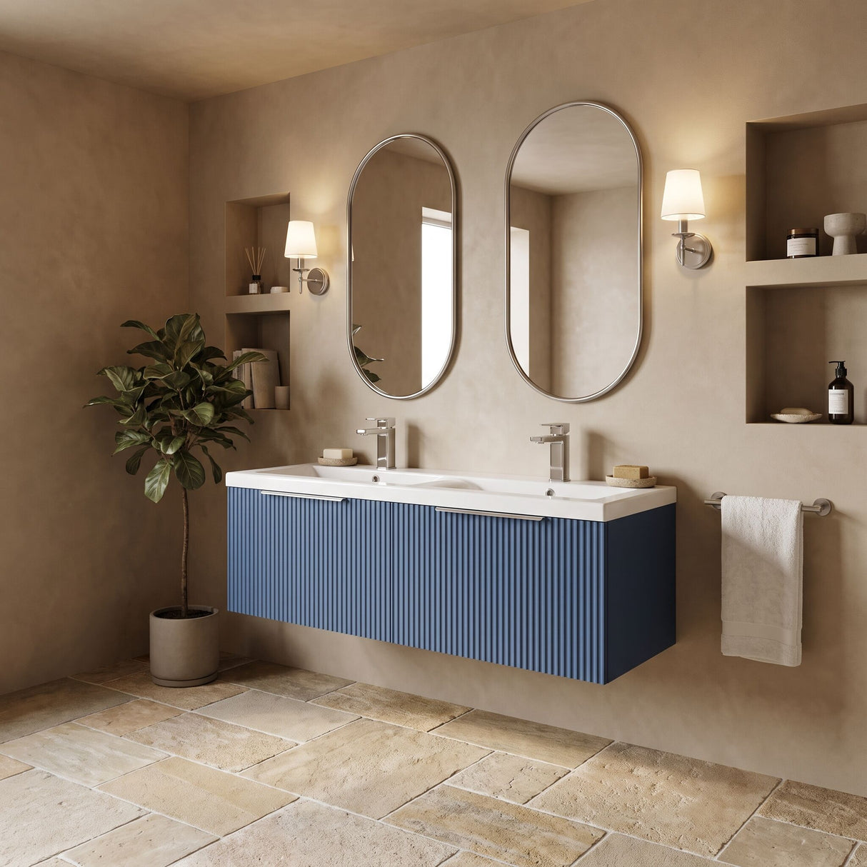 [BFFF394F] Tixall Fluted 2 Drawer Wall Hung Vanity Unit with Double Basin - Choice of Colour