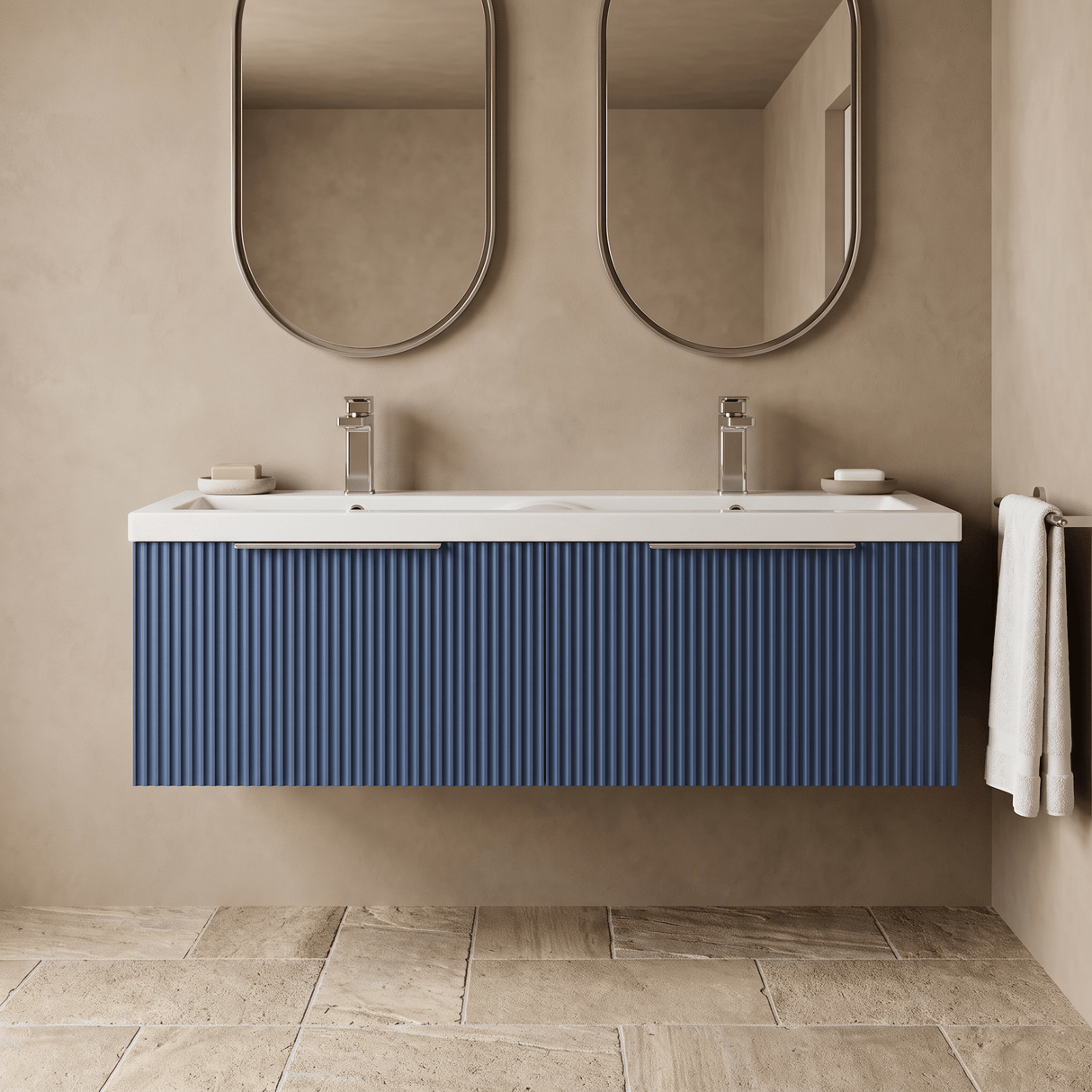 [BFFF394F] Tixall Fluted 2 Drawer Wall Hung Vanity Unit with Double Basin - Choice of Colour - Silo