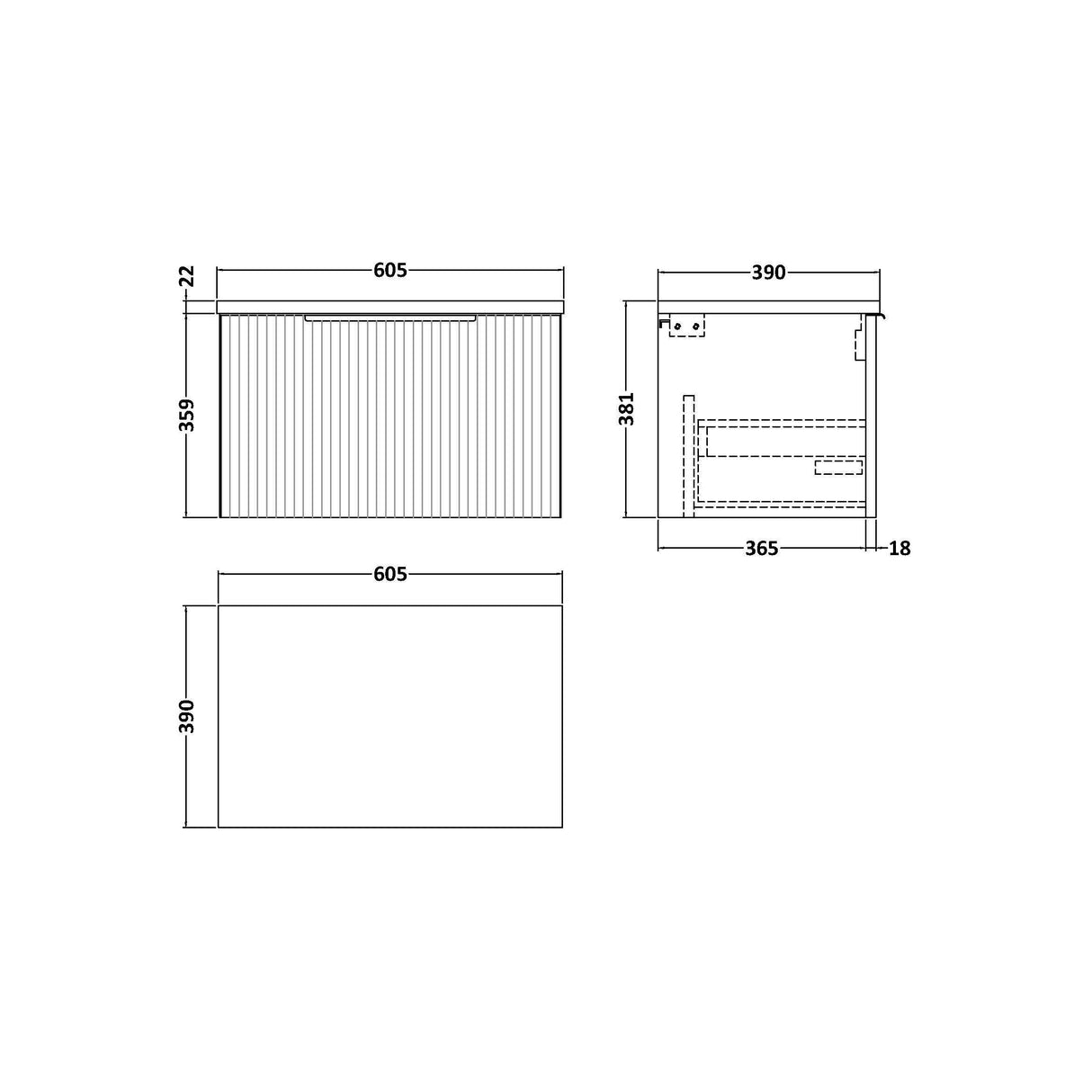 [BFFF394LBG] Tixall Fluted 1 Drawer Wall Hung Vanity Unit with Carrera Marble Laminate Worktop, Choice of Size and Colour - Technical Drawing