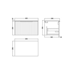[BFFF394LBG] Tixall Fluted 1 Drawer Wall Hung Vanity Unit with Carrera Marble Laminate Worktop, Choice of Size and Colour - Technical Drawing