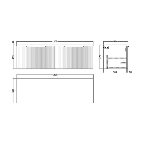 [BFFF394W2] Tixall Fluted 2 Drawer Wall Hung Vanity Unit with Worktop, Satin Blue, 1200mm - Technical Drawing