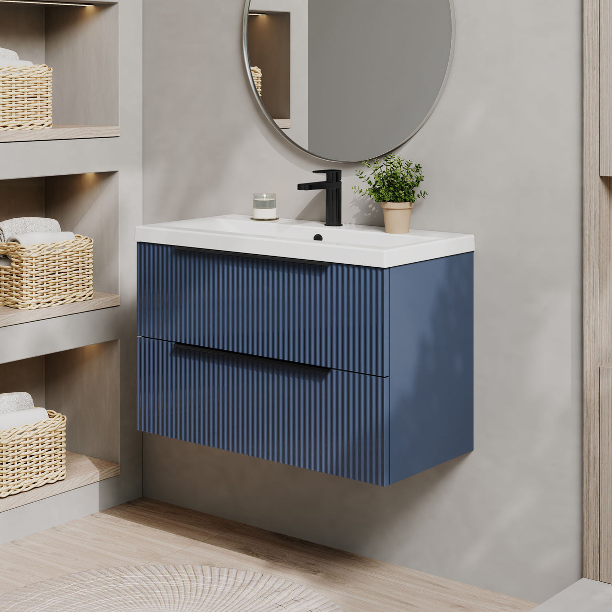 [BFFF395AH226] Tixall Fluted Front Wall Hung Vanity Basin Unit 800mm - 2 Drawer - Lifestyle 3