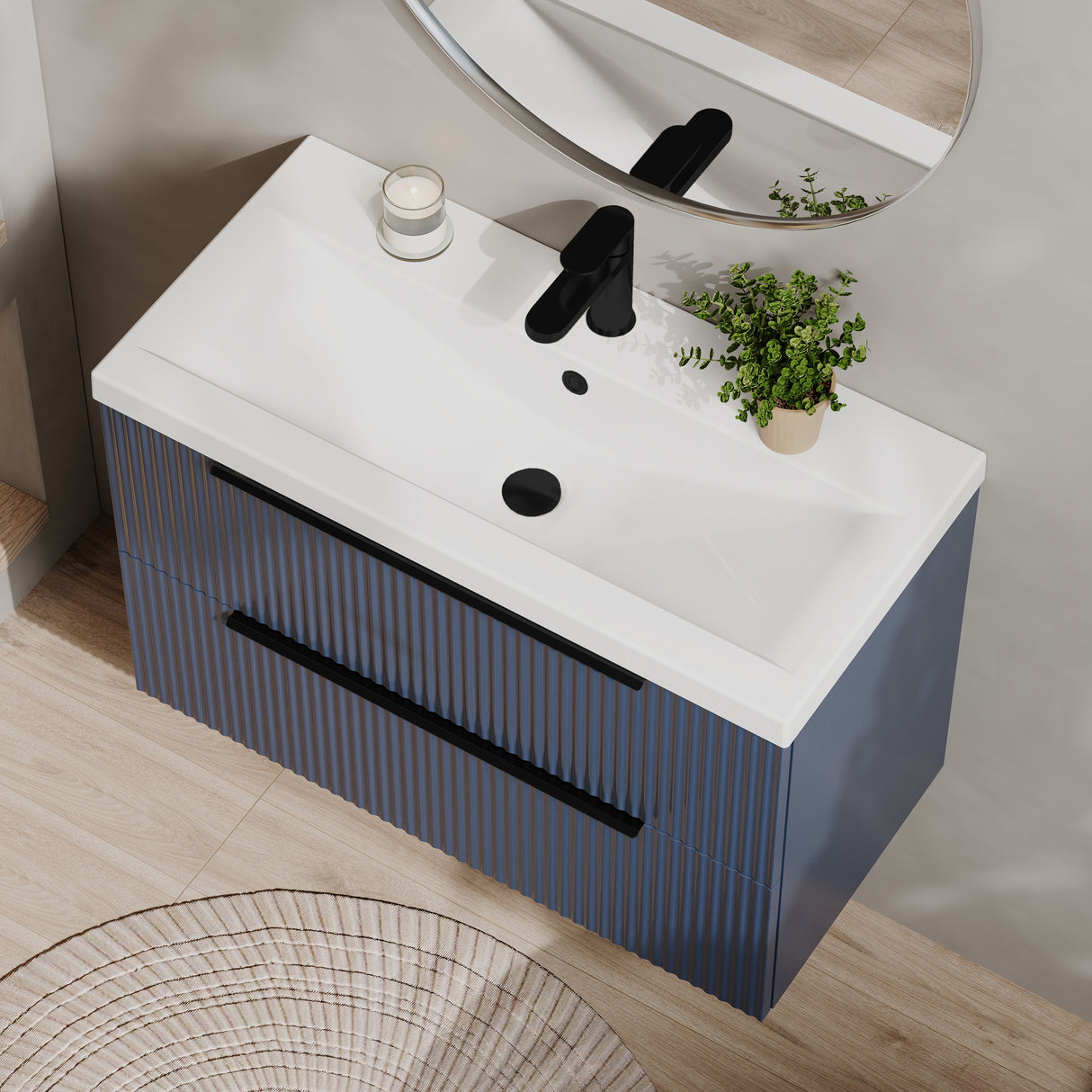Fluted Front Wall Hung Vanity Basin Unit with Choice of Size, Colour and Handle Options