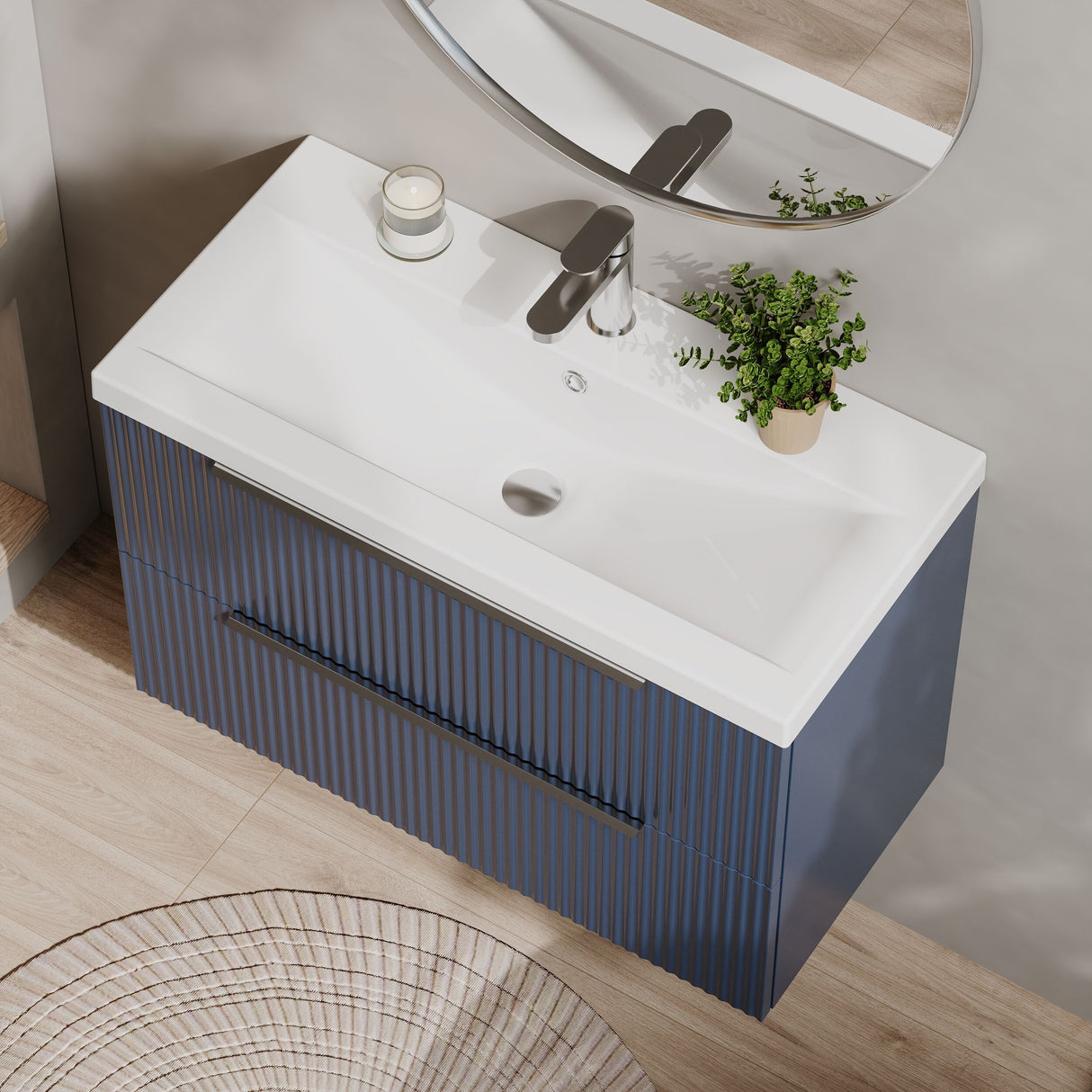 [BFFF395A] Tixall Fluted Front Wall Hung Vanity Basin Unit 800mm - 2 Drawer - Lifestyle 2
