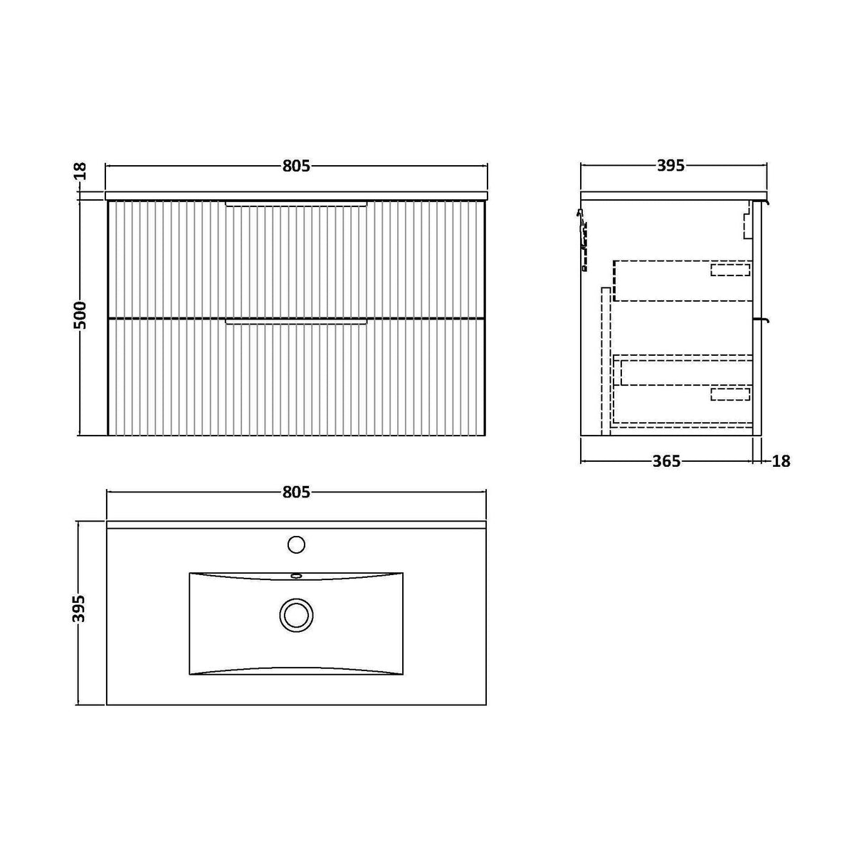 [BFFF395B] Tixall Fluted 2 Drawer Wall Hung Vanity Unit with Minimalist Basin - Choice of Size and Colour - Technical Drawing