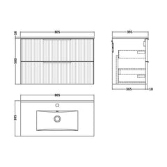 [BFFF395B] Tixall Fluted 2 Drawer Wall Hung Vanity Unit with Minimalist Basin - Choice of Size and Colour - Technical Drawing