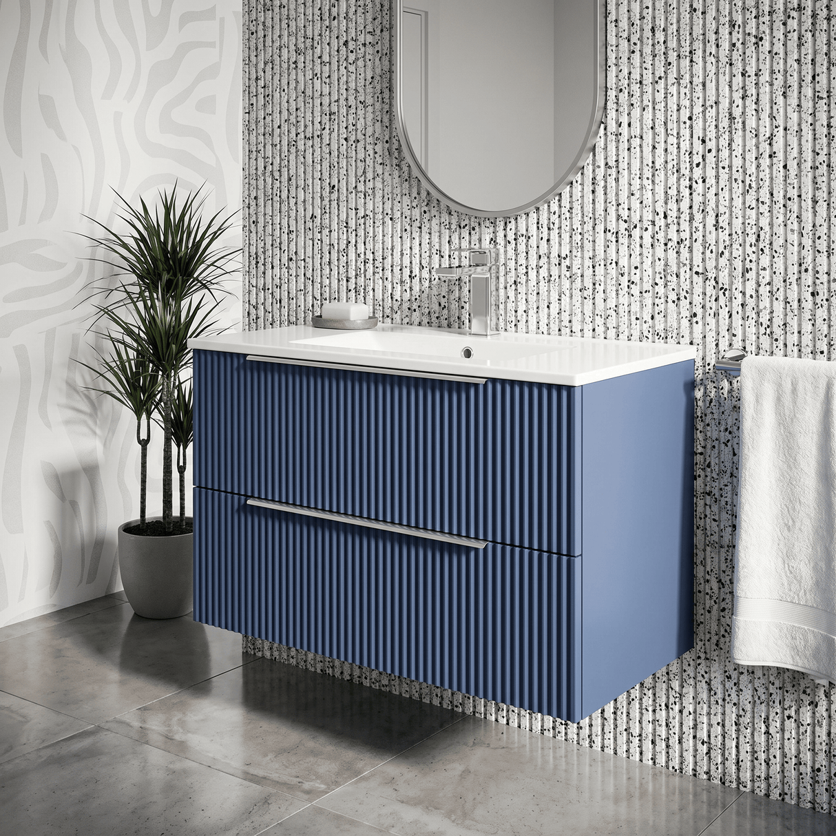 [BFFF395B] Tixall Fluted 2 Drawer Wall Hung Vanity Unit with Minimalist Basin - Choice of Size and Colour