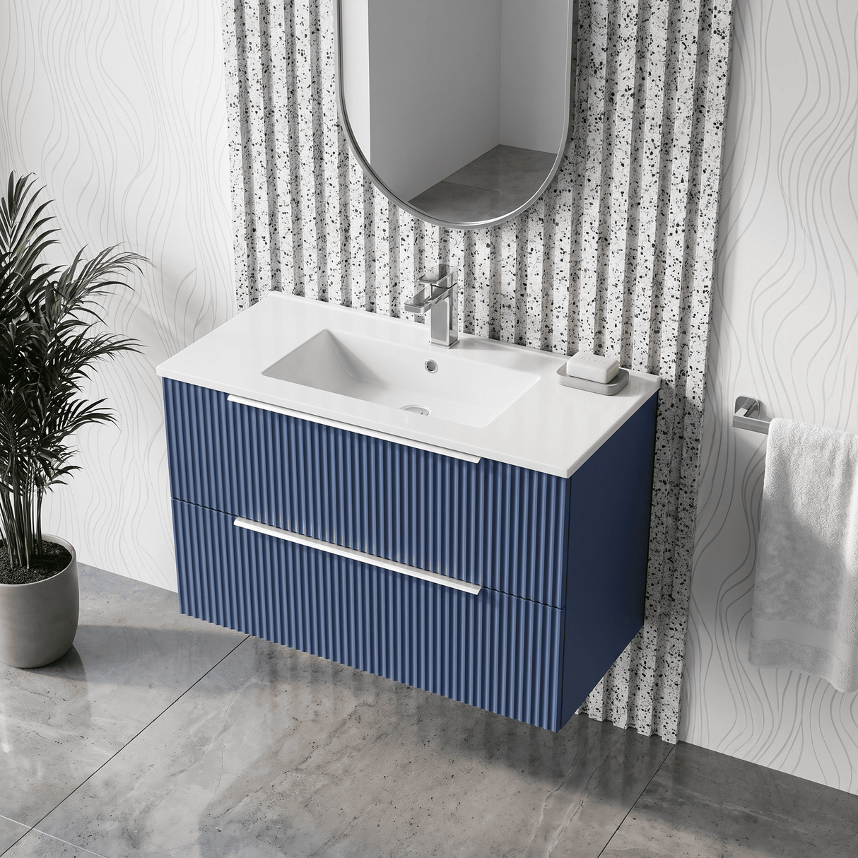 [BFFF395B] Tixall Fluted 2 Drawer Wall Hung Vanity Unit with Minimalist Basin - Choice of Size and Colour
