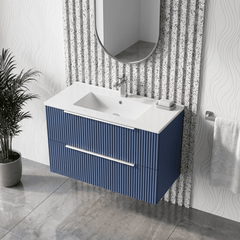 [BFFF395B] Tixall Fluted 2 Drawer Wall Hung Vanity Unit with Minimalist Basin - Choice of Size and Colour
