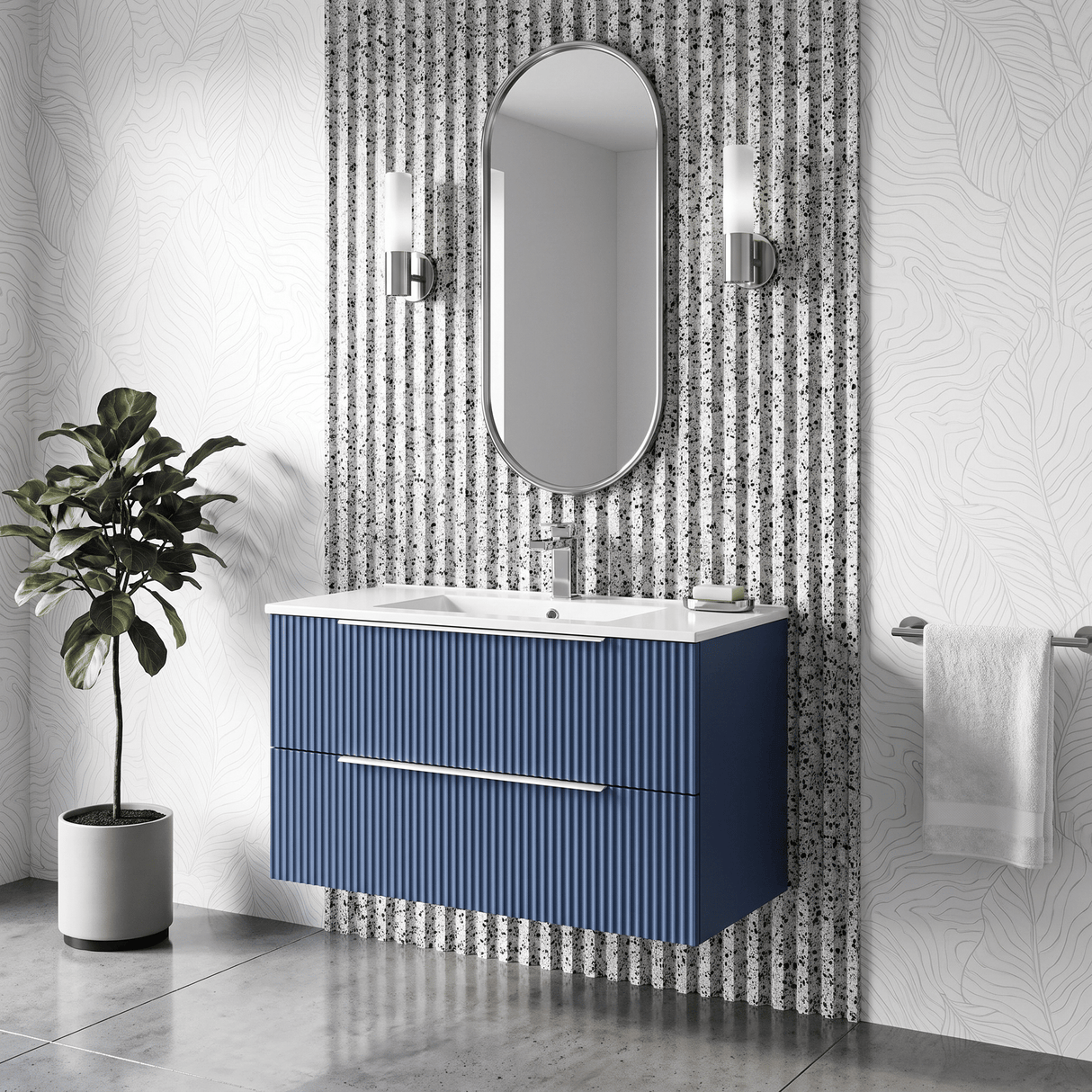 [BFFF395B] Tixall Fluted 2 Drawer Wall Hung Vanity Unit with Minimalist Basin - Choice of Size and Colour
