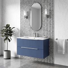 [BFFF395B] Tixall Fluted 2 Drawer Wall Hung Vanity Unit with Minimalist Basin - Choice of Size and Colour