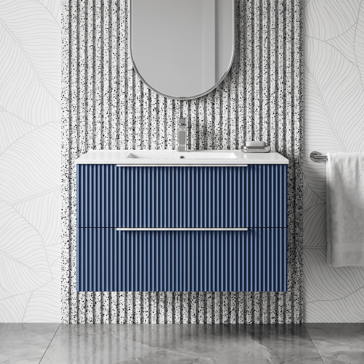 [BFFF395B] Tixall Fluted 2 Drawer Wall Hung Vanity Unit with Minimalist Basin - Choice of Size and Colour - Silo